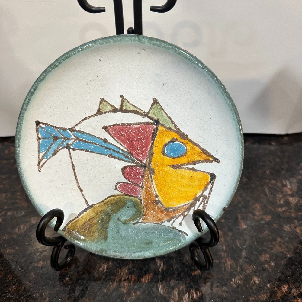 Vintage Art Pottery Ceramic Fish Plate Abstract Multicolor Speckled Glaze Marked